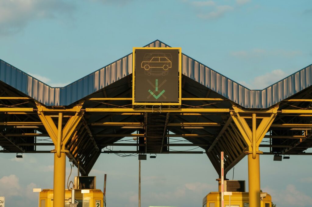 Expressway checkpoint on toll highway on sunny day closeup